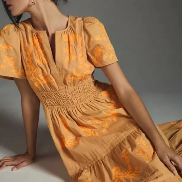 Anthropologie The Somerset Maxi Dress Embroidered Edition Tiered Smocked Waist